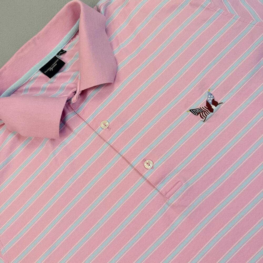 Fairway & Greene Polo Shirt Mens XL Pink Stripe Secession Logo Golf Club Cotton